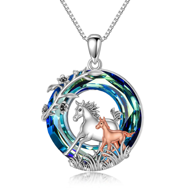 Horse Gifts for Women Sterling Silver 2 Horses Pendant Necklace with Blue Crystal Cute Horse Jewelry Gifts for Women Sister Mom Daughter Girlfriend Wife Birthday