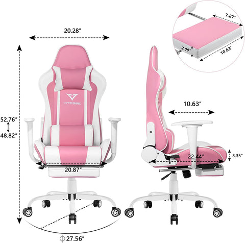 Pink Gaming Chair with Footrest Cute Kawaii Gaming Chair for Girl Gamer Chair Ergonomic Office Desk Chair Racing Chair Adjustable High Back Chair with Lumbar Support and Headrest,Pink/White