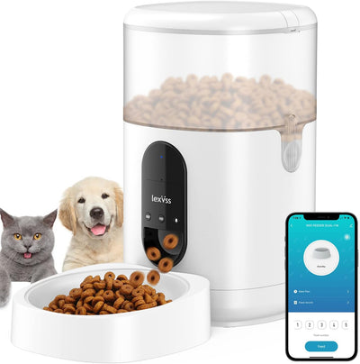 Automatic Cat Feeder, Wifi Dog Food Dispenser with Voice Recorder Programmable Portion Control up to 10 Meals per Day, Auto Food Feeder with Desiccant Bag for Small & Medium Pets 4L (White)