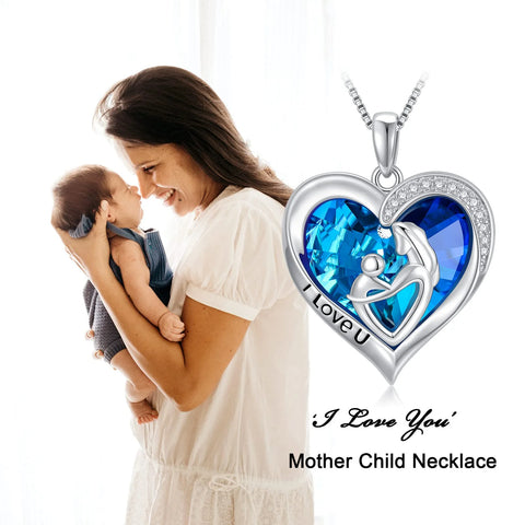 Gifts for Mom S925 Sterling Silver Mom and 1 Child Necklace with Blue Heart Crystal Pendant Jewelry Gifts for Women Mother New Mom Birthday Gifts for Mom from Daughters/Sons