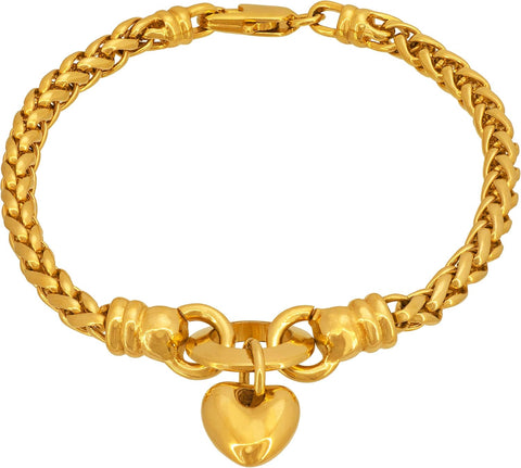 “Love Heart” 4Mm Wheat Chain Bracelet for Women 24K Gold Plated