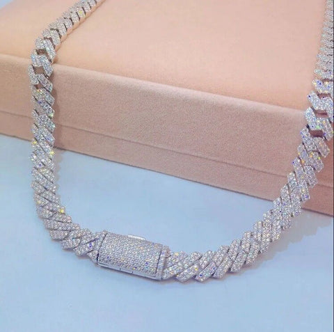 8 MM round Cut Moissanite Men Cuban Link Chain Bracelet 14K White Gold Plated