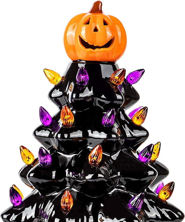 Ceramic Tree - Halloween Decoration Made with Ceramic, Orange Pumpkin Head-Home Decoration-Trick or Treat- over 35 Multicolor Bulbs, LED Light up by Battery - Black, 9 Inch