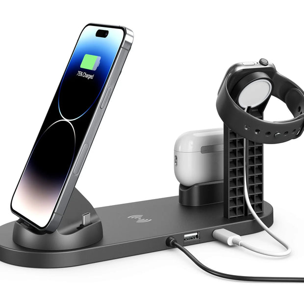 6 in 1 Wireless Charging Station 15W Fast Charging Stand for Iphone, Watch, Pods, Androids, Apple Charger Stand for Multiple Devices Black