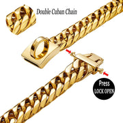 Heavy Duty 18K Gold Dog Big Cuban Collars, Large Medium Small Dogs, 16Mm Wide 16"-26" Thick Stainless Steel Link Necklace, Male Female Bulldog Doberman Dogs