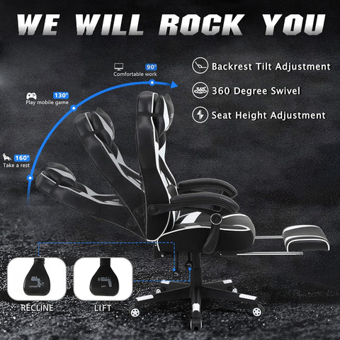 Ergonomic Gaming Chair with Footrest Recliner Computer Chair with Massage High Back Office Gamer Chair Big and Tall Racing Game Chair for Adults Chair for Gaming White/Black