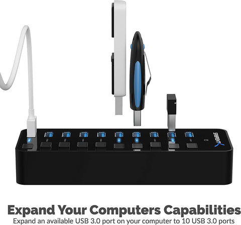 10-Port 60W USB 3.0 Hub with Individual Power Switches and Leds, Includes 60W 12V/5A Power Adapter (HB-BU10)