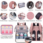 Diaper Bag with Changing Station,Diaper Bag Backpack，7 in 1 Travel Diaper Bag,Mommy Bag with USB Charging Port (Pink-Grey)