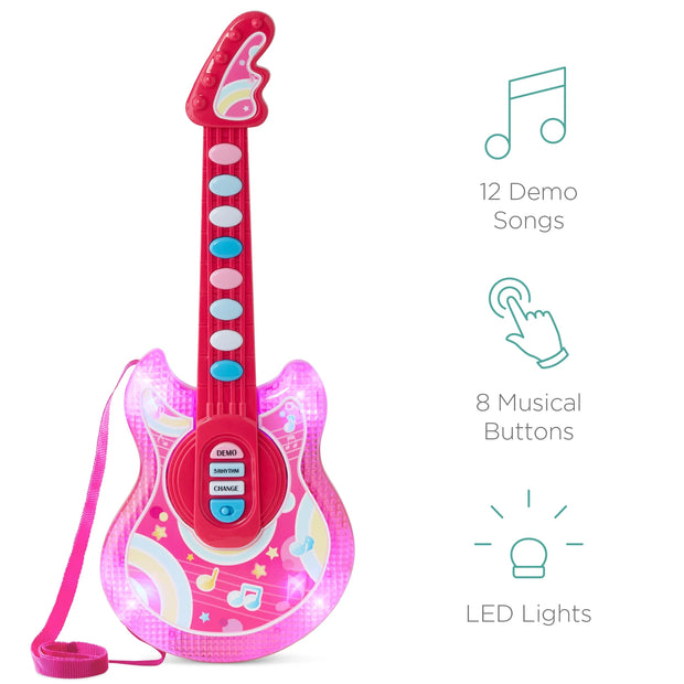 19In Kids Flash Guitar, Pretend Play Musical Instrument Toy for Toddlers W/ Mic, Stand - Pink