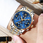 Automatic Mechanical Watches for Men Self Winding No Battery Blue Watch Stainless Steel Strap Luxury Moon Phase Luminous Waterproof Wrist Watch