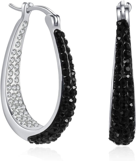 Crystal Hoop Earrings - Silver Plated inside Out Oval Shape Hoop Earrings for Women, 1.2 Inch