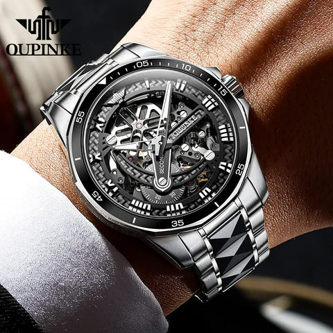 Mens Automatic Watches for Men Skeleton Mechanical Luxury Black Silver Wrist Watches Waterproof Luminous Sapphire Crystal