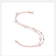 Two Strands Real 18K Rose Gold Bracelet for Women,Au750 Real Pearl Charm Bracelet Wedding Gift