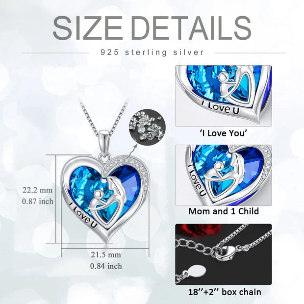 Gifts for Mom S925 Sterling Silver Mom and 1 Child Necklace with Blue Heart Crystal Pendant Jewelry Gifts for Women Mother New Mom Birthday Gifts for Mom from Daughters/Sons