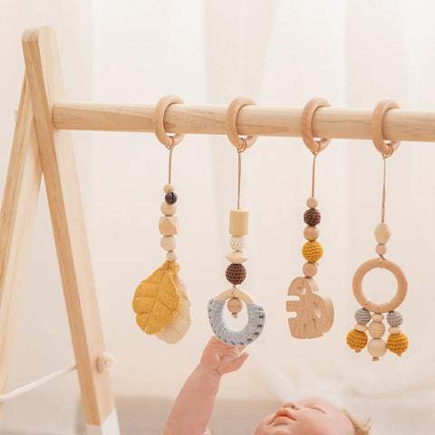 Organic Wooden Play Gym with 4 Hanging Toys Foldable Baby Play Gym Frame Activity Center Hanging Bar Baby Tummy Time Play Gym Ideal Gift for Newborn Baby Boys Girls/Yellow