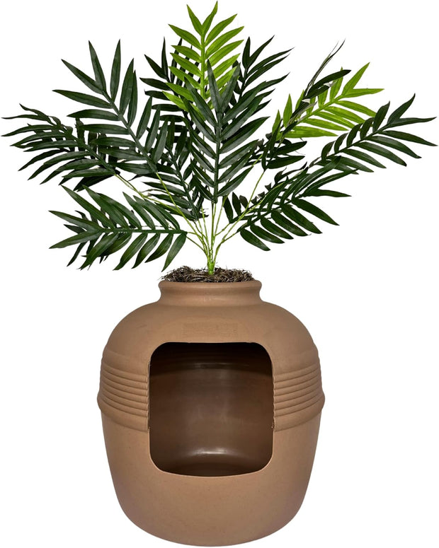 , the Original Hidden Litter Box Base Kit, round Enclosed Cat Litter Box Planter with Artificial Plants, Vented Carbon Odor Filter System, Florist Moss, Easy to Clean, Mocha Brown