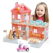 Dollhouse Girls Dreamhouse Playset, 3 Room Dollhouse with Doll Toy Figure, Furniture and Accessories, Color Lights, Steam Chimney, Play House Gift Toys for Kids Ages 3+