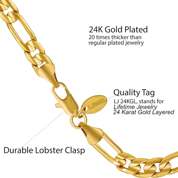 4Mm & 7Mm Figaro Chain Bracelet 24K Gold Plated for Men and Women