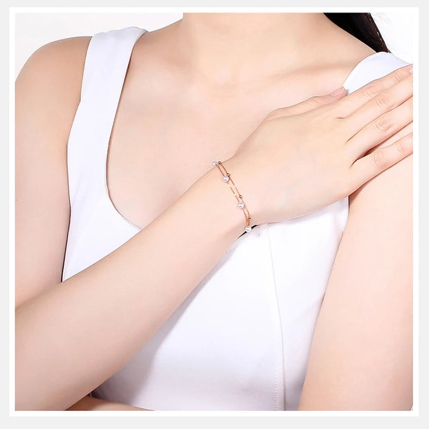 Two Strands Real 18K Rose Gold Bracelet for Women,Au750 Real Pearl Charm Bracelet Wedding Gift