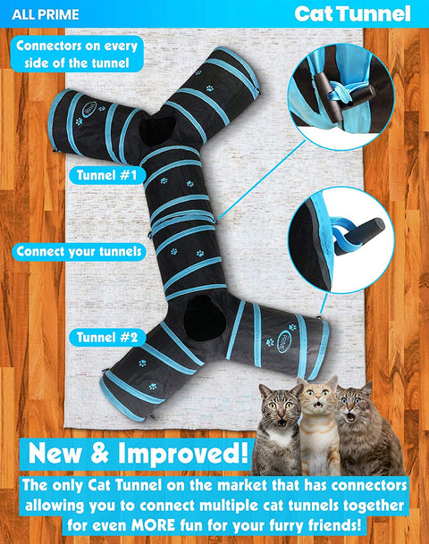 Cat Tunnel - Also Included Is a ($5 Value) Interactive Cat Toy - Toys for Cats - Cat Tunnels for Indoor Cats - Cat Tube - Collapsible 3 Way Pet Tunnel - Great Toy for Cats & Rabb (Blue)