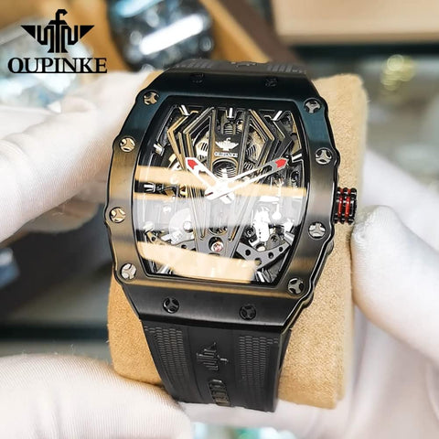 Men'S Skeleton Automatic Mechanical Watches Black Tonneau Silicone Band Sapphire Crystal Waterproof Luminous Wrist Watches