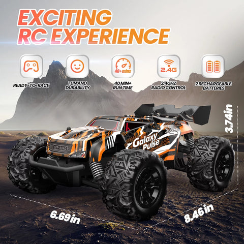 Remote Control Car, 1:18 Remote Control Monster Truck All-Terrain 2.4Ghz RTR RC Cars W/ 2 Batteries for Kids Toys Gift, Black & Orange