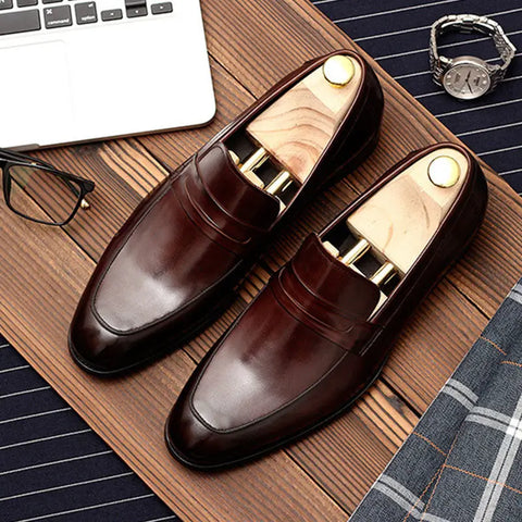 Men Leather Shoes Business Dress Suit Shoes Men Brand Bullock Genuine Leather Black Slipon Wedding Mens Shoes