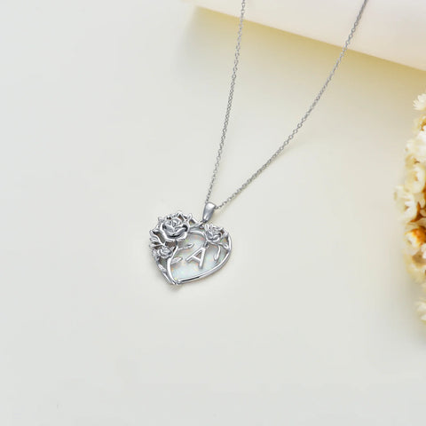 Mother'S Day Gifts for Women Sterling Silver Initial a Letter Pendant with Heart Opal Rose Necklaces Birthday Anniversary Jewelry Gifts for Women Girls Daughter Mom Girlfriend Wife