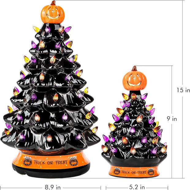 Ceramic Tree - Halloween Decoration Made with Ceramic, Orange Pumpkin Head-Home Decoration-Trick or Treat- over 35 Multicolor Bulbs, LED Light up by Battery - Black, 9 Inch