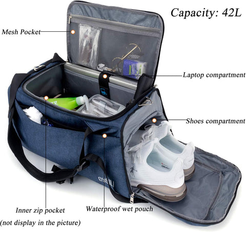 Sports Gym Bag with Shoes Compartment/Wet Pocket,42L Travel Duffel Bag with Shoulder Strap