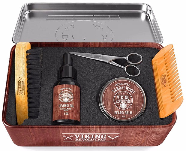 Ultimate Grooming Kit for Men - Boar Brush, Wood Comb, Sandalwood Balm & Oil, Scissors for Beard & Mustache