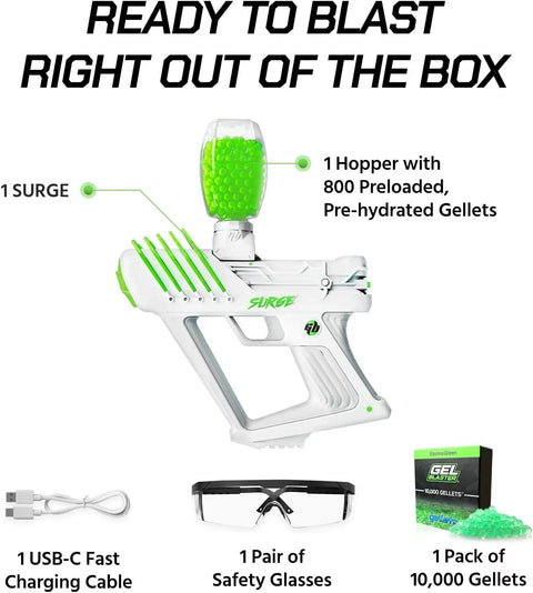 SURGE 1.5, Electric Green, Water-Based Gellet Blaster with 10,000 Electric Green Gellet Pack