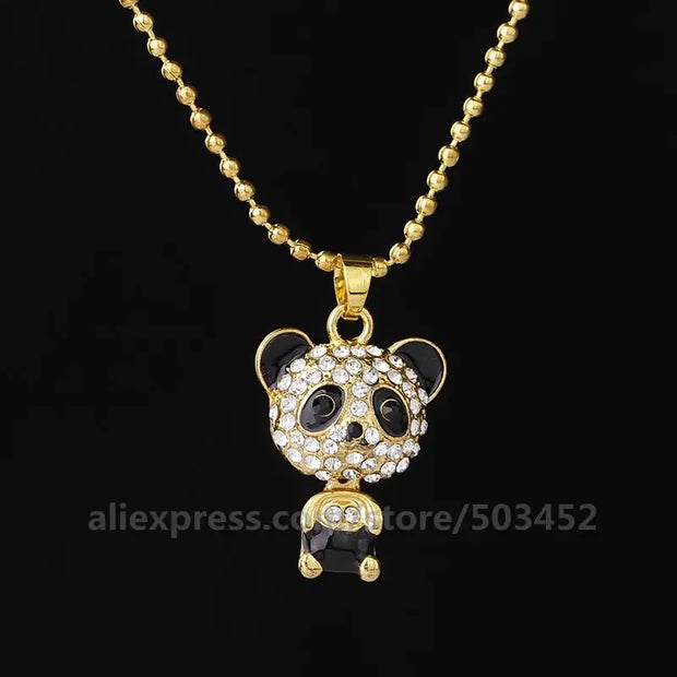 200Pcs/Lot Fashion Pretty Enamel Rhinestone Panda Pendant Necklace Women Crystal Accessories Cute Sweater Necklaces Jewelry