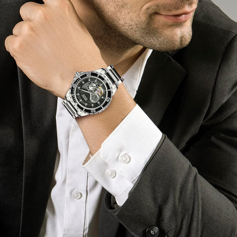 Men'S Automatic Mechanical Wrist Watches, Luxury Skeleton Watches for Men with Black Green Jade & Steel Strap