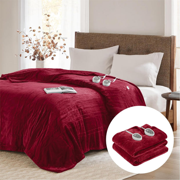 Red Electric Blanket, Soft Luxury Heated Blanket Queen Size, Washable, 20 Temperature Level, Dual Control, Auto Shut Off, 84Wx90L