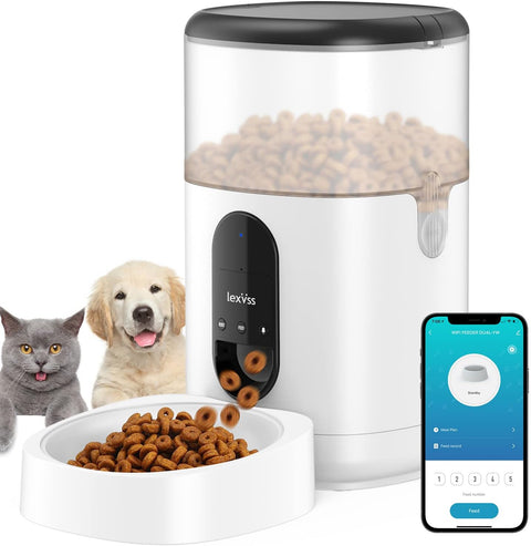 Automatic Cat Feeder, Dog Dispenser with Voice Recorder Programmable Portion Control up to 10 Meals per Day, Smart APP Auto Food Feeder with Desiccant Bag for Small & Medium Pets 4L (Black)