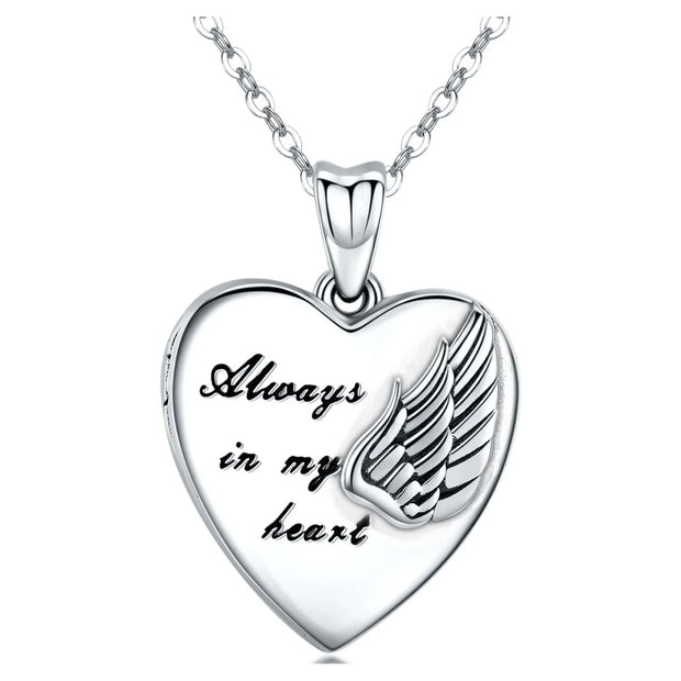 Heart Locket Necklace Always in My Heart 925 Sterling Silver That Can Hold 2 Photos Angel Wings Pendant Necklaces 18K White Gold Plated Jewelry Keepsake Xmas Gift for Women Mom Girls Daughter