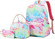 School Backpack Teens Girls Boys Kids School Bags Bookbag with Lunch Bag Pencil Pouch (Tie Dye Green Pink)