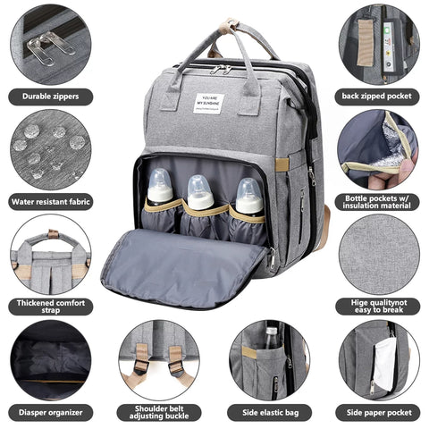 Diaper Bag Backpack,Multifunction 3 in 1 Waterproof Travel Back Pack,Baby Changing Bags with Changing Pad, Stroller Straps, Unisex, Grey