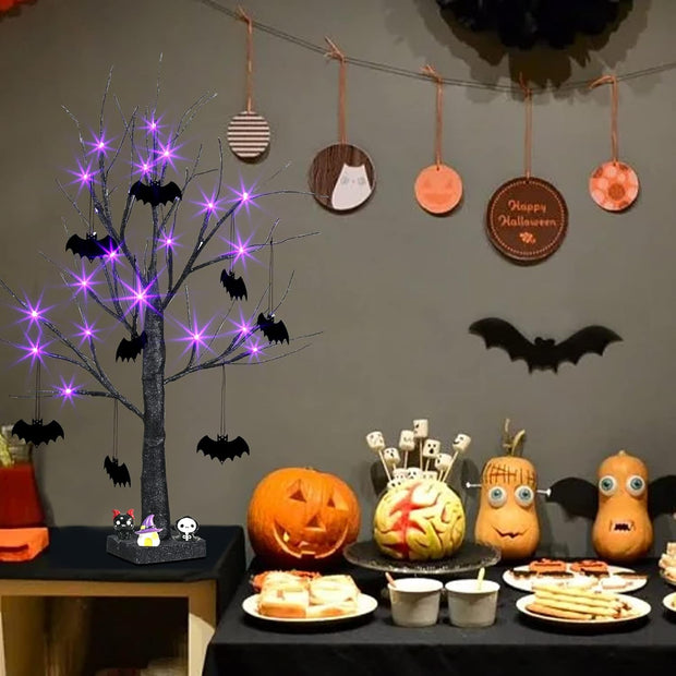 Halloween Decorations, 2FT Black Halloween Tree with 24 Purple Lights and 8 Bat Ornaments, Light up Halloween Decorations with Timer for Indoor Home Desk Table Decor Battery Powered