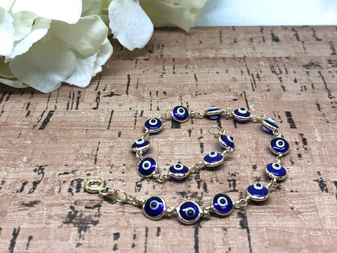 14K Solid Gold Evil Eye Charm Bracelets - 7" - Multiple Colors Available (Blue)