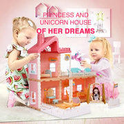 Dollhouse Girls Dreamhouse Playset, 3 Room Dollhouse with Doll Toy Figure, Furniture and Accessories, Color Lights, Steam Chimney, Play House Gift Toys for Kids Ages 3+