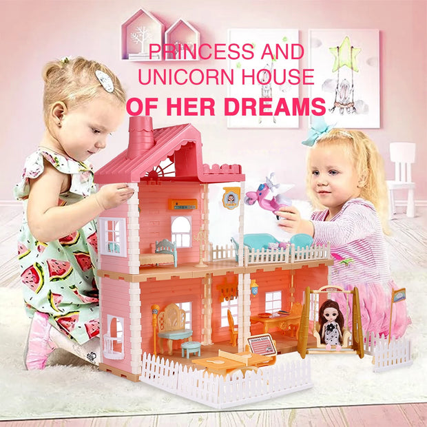 Dollhouse Girls Dreamhouse Playset, 3 Room Dollhouse with Doll Toy Figure, Furniture and Accessories, Color Lights, Steam Chimney, Play House Gift Toys for Kids Ages 3+