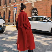 Winter Trench Coat for Women Elegant Fashion Korean Casual Thick Wool Coat Red Lace-Up Long Jacket Black Woman Coat with Blet