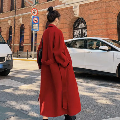 Winter Trench Coat for Women Elegant Fashion Korean Casual Thick Wool Coat Red Lace-Up Long Jacket Black Woman Coat with Blet