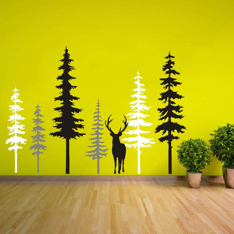 Large Forest Pine Tree with Deer Wall Decals Woodland Trees Wall Sticker for Nursery Room Art Kids Room Bedroom Decoration Forest Tree Animal Wall Mural AM11 (White+Gray+Black W/Deer)