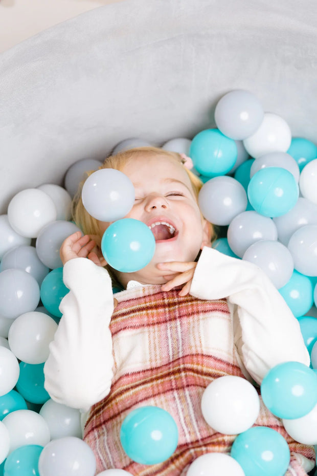 Grey Velvet Ball Pit with 200 Aqua, White, & Grey Balls