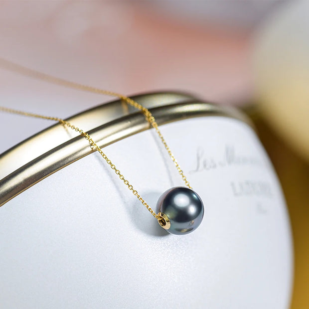 Real 18K Gold Pearl Pendant Necklace for Women,Tahitain Black Pearl Necklace Pendant Yellow Gold Chain Jewelry