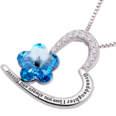 Jewelry Sterling Silver "Granddaughter I Love You Always and Forever" Love Heart Blue Crystal Cubic Zirconia Pendant Necklace