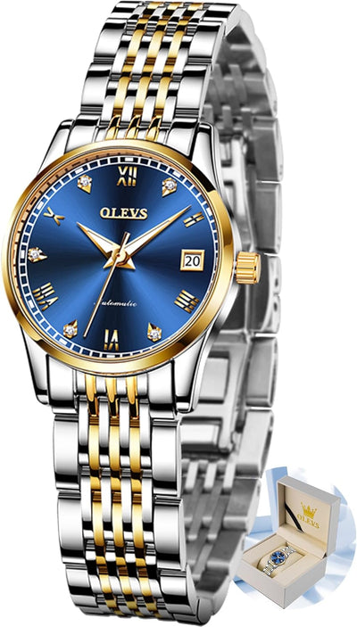 Womens Automatic Watch, Premium Small Face Diamond Accented Self Winding Watches for Women, Fashion Waterproof Ladies Dress Watch (Blue)